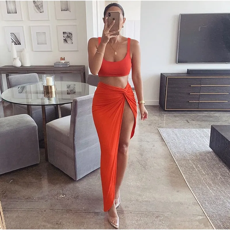 DFLlifes Sleeveless Twist Side Split Long Skirts Matching Set