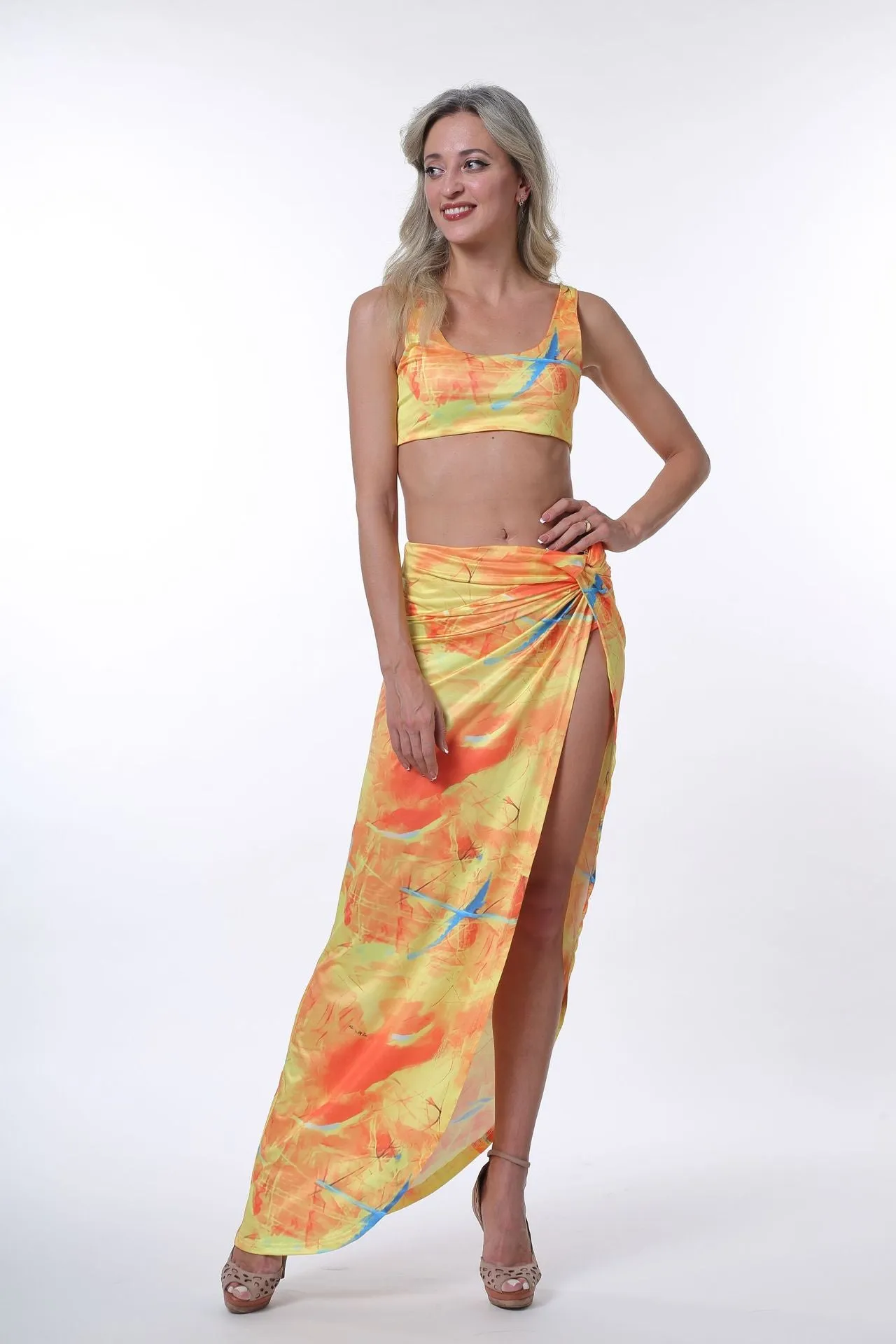 DFLlifes Sleeveless Twist Side Split Long Skirts Matching Set