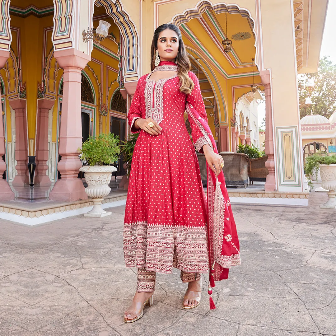 Red Pant Anarkali Set
