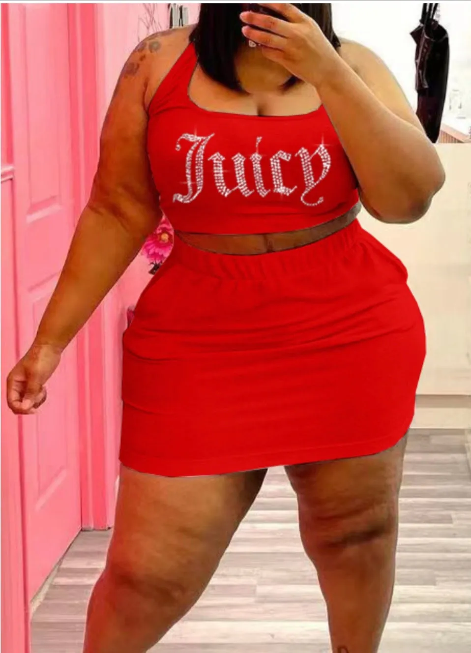 Rhinestone Letter Two Piece Skirt Set
