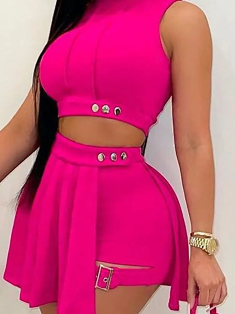 Short Skirt Sets Two Piece Set Women Conjuntos Cortos High Waist Mini Black Sleeveless Button T-shirt White Ensembles De Jupes