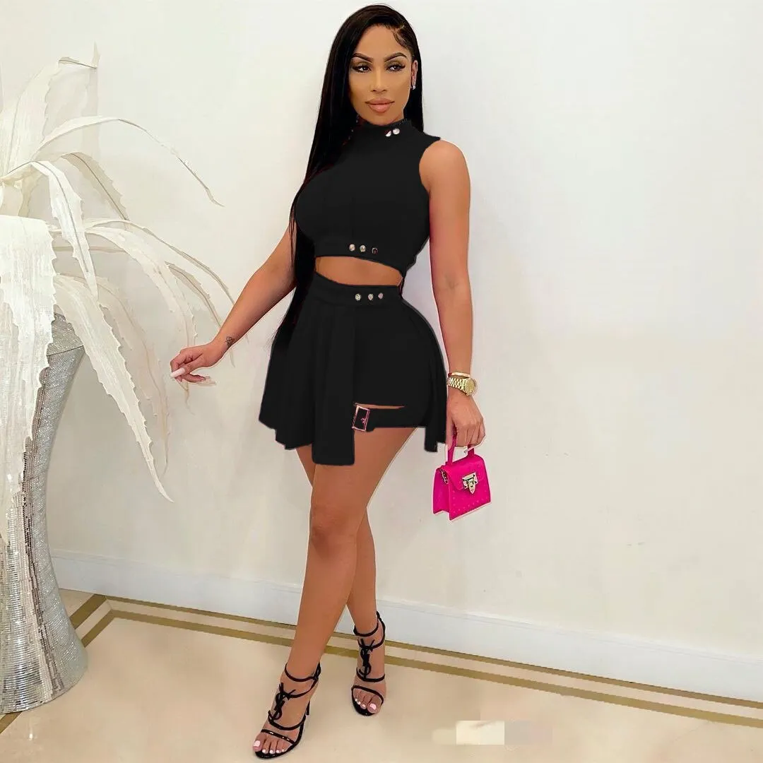 Short Skirt Sets Two Piece Set Women Conjuntos Cortos High Waist Mini Black Sleeveless Button T-shirt White Ensembles De Jupes